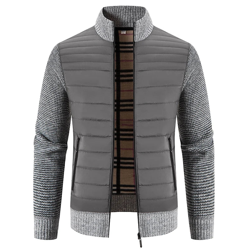Men Coat Fleece Cardigan Stand Collar Breathable Thicken Warm Knittde Sweater Men Winter Casual Contrast Colors Patchwork Jacket