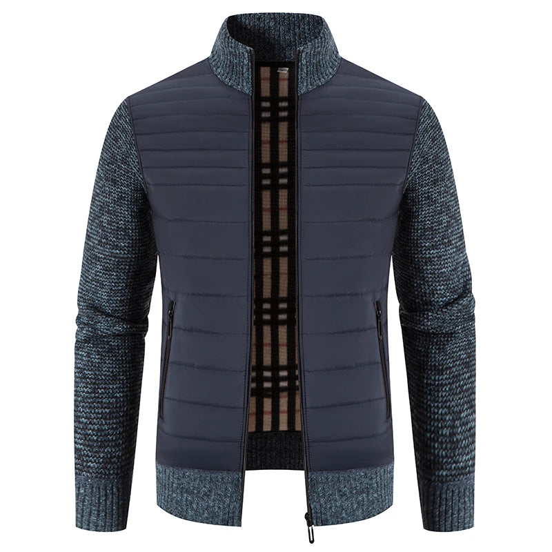 Men Coat Fleece Cardigan Stand Collar Breathable Thicken Warm Knittde Sweater Men Winter Casual Contrast Colors Patchwork Jacket