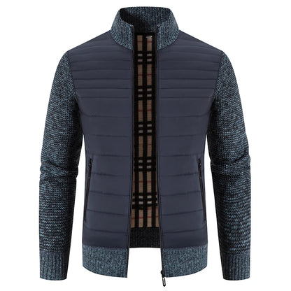 Men Coat Fleece Cardigan Stand Collar Breathable Thicken Warm Knittde Sweater Men Winter Casual Contrast Colors Patchwork Jacket